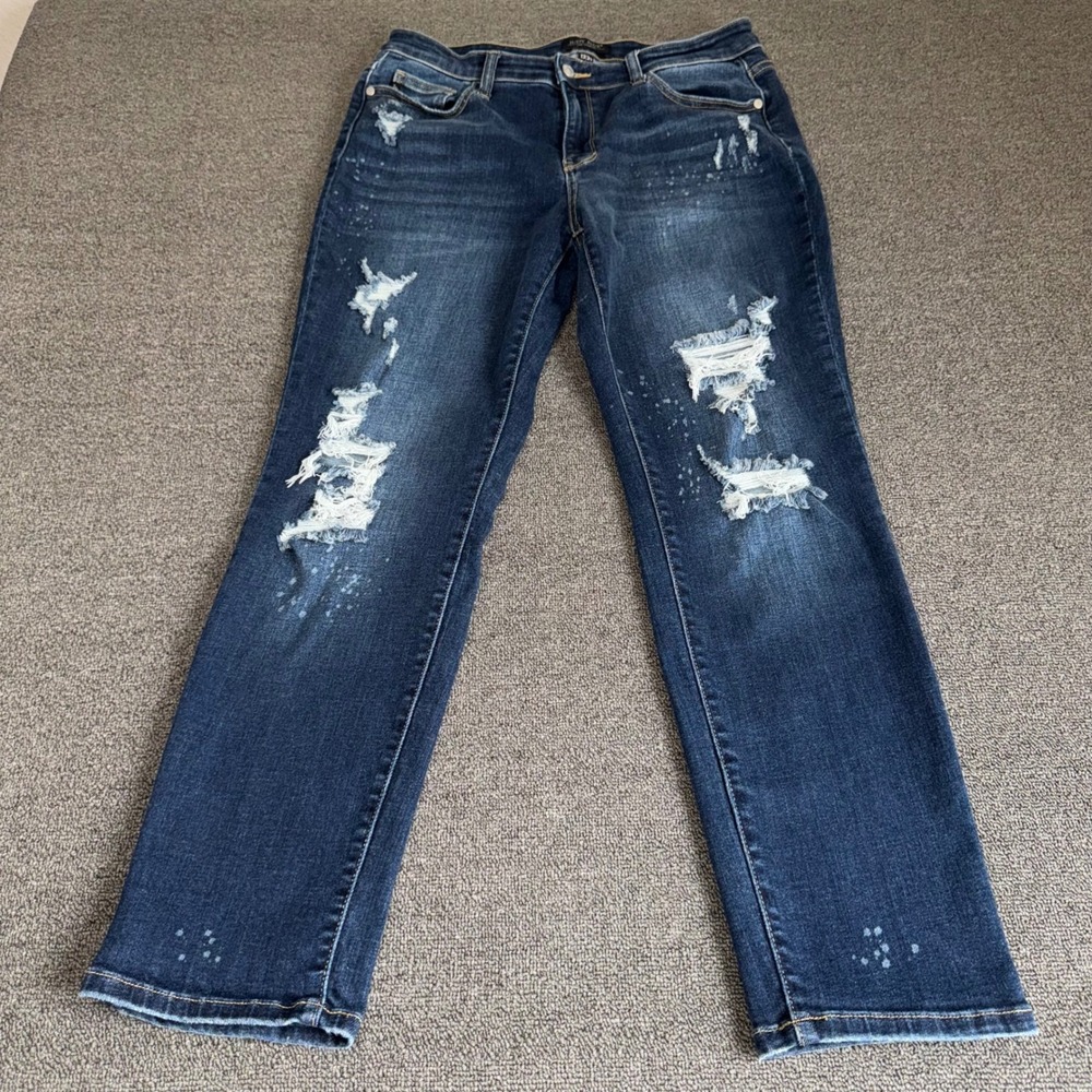 Judy Blue Boyfriend Distressed Bleach Splatter Jeans Dark Wash 13/31 Streetwear